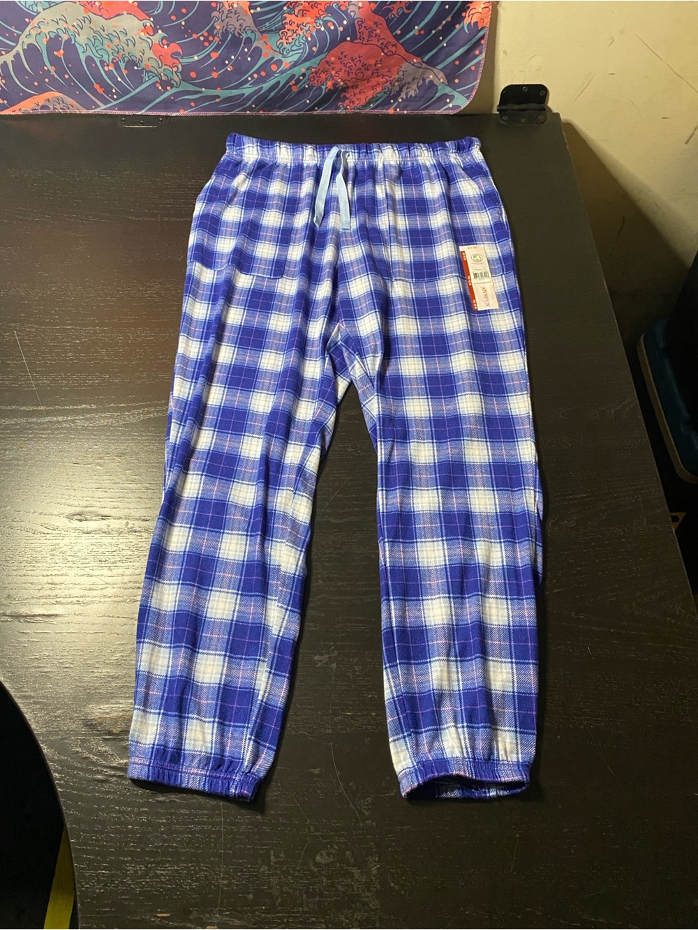 Women's Blue Plaid Pajama Pants with Elastic Waist